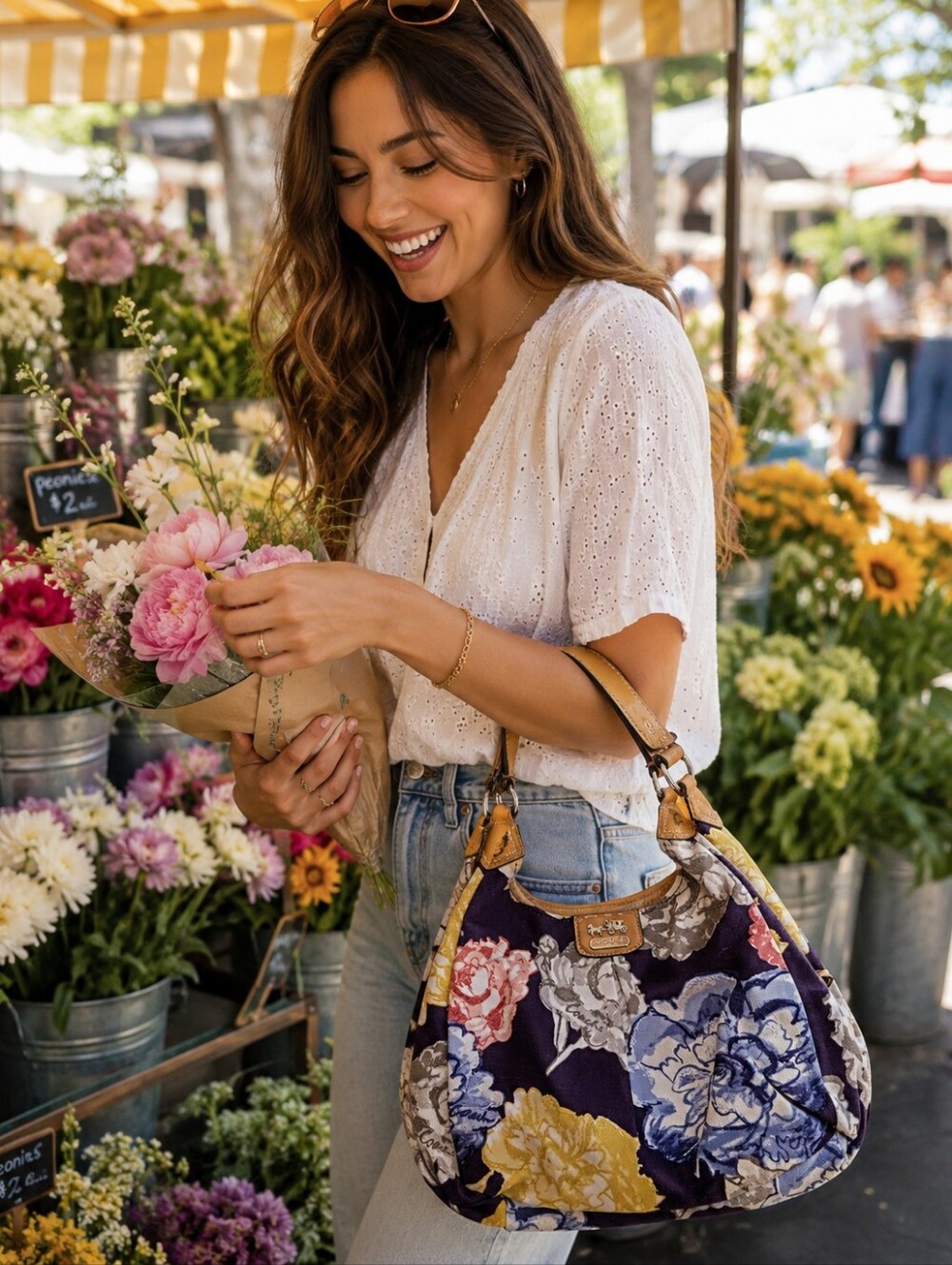 Coach Floral Shoulder Bag in Navy, Yellow, Cream, Pink